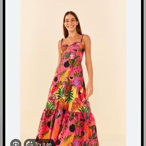 Farm Rio Pop Leopards Print Maxi Dress Sz Medium Resort Wear Spring Break Beachy